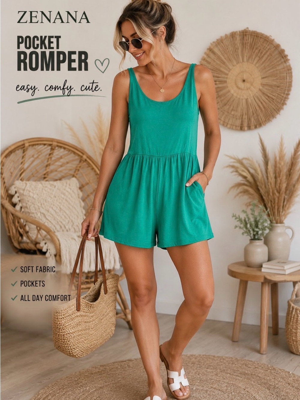 Zenana Outfitters Double Layered Sleeveless Pocket Romper Kelly Green Sz Medium